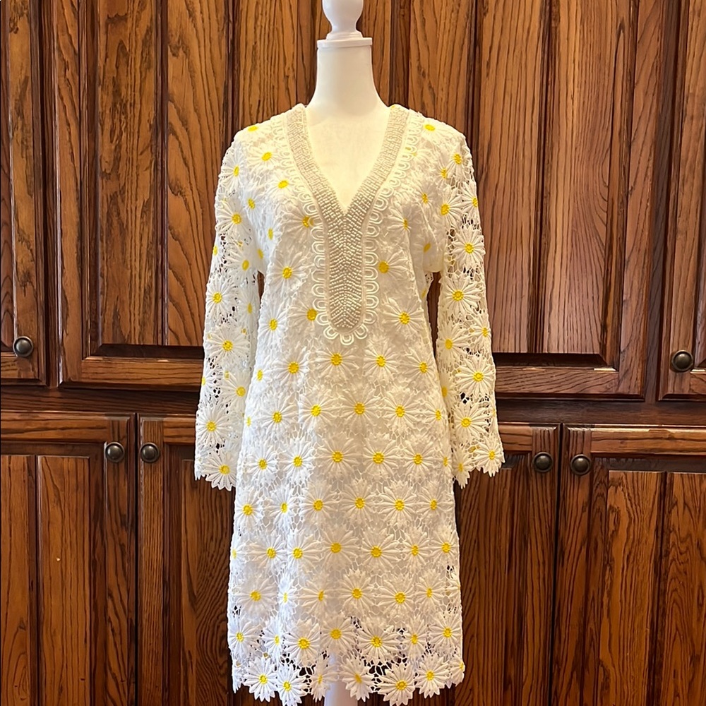 White and Yellow Floral Lace Dress with Bell sleeves
